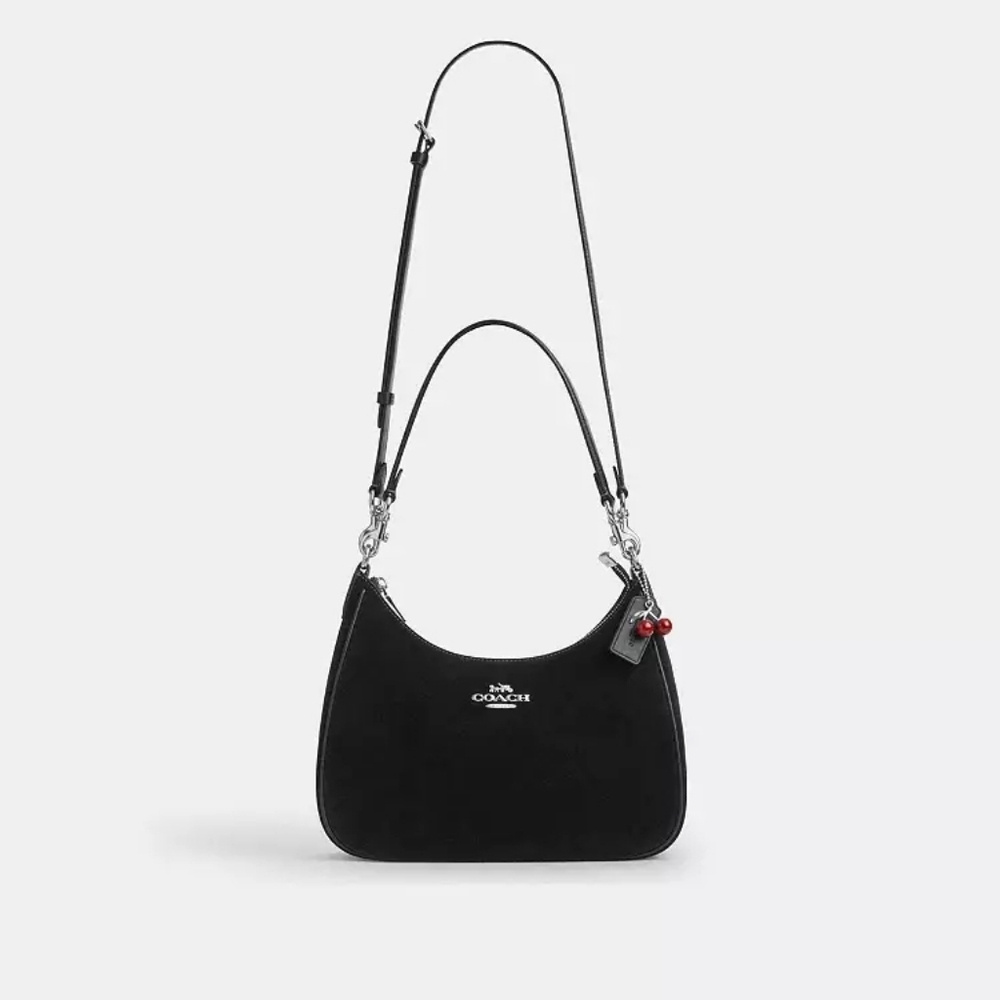 New! ☪️Coach Black Suede Teri Hobo Shoulder Bag With Red Cherry 🍒 Charm - Picture 7 of 12